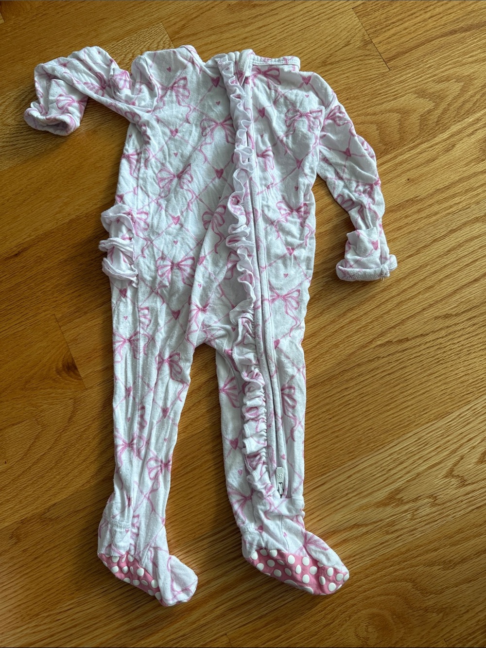 Baby Girls White Footed One-Piece with Pink Bow Print and Ruffle Trim